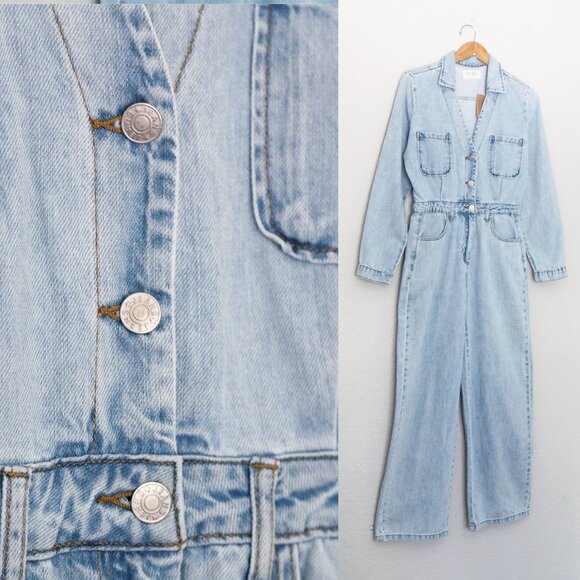 NEW Lov Mor Light Blue Wash Denim Wide Leg Jumpsuit S Cotton Blend High Waist - Picture 5 of 14